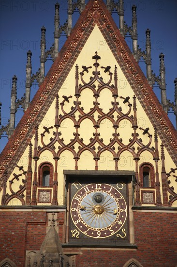 Poland, Wroclaw, Town Hall with sundial & decorative gable.