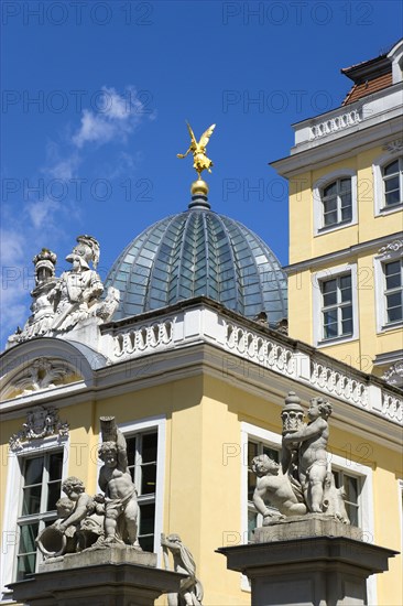 GERMANY, Saxony, Dresden, The glass dome of the Academy of Arts built 1891-94 on the Brühl Terrace by Constantin Lipsius in the style of the Neo-Renaissance behind the Baroque entrance to the Coselpalais which is now a restuarant in Neumarkt square.