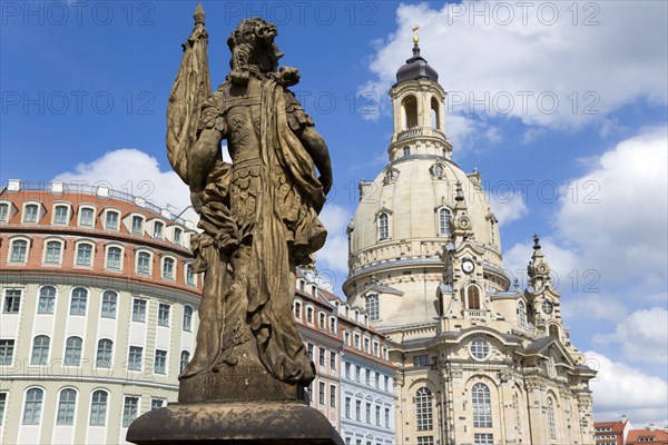 GERMANY, Saxony, Dresden, The restored Baroque church of Frauenkirch Church of Our Lady and surrounding restored buildings in Neumarkt square with a statue in the foreground.