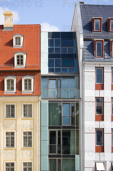 GERMANY, Saxony, Dresden, Restored buildings and modern glass house in Neumarkt square.