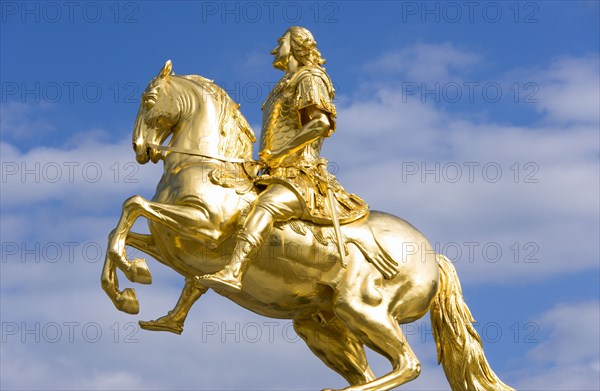 GERMANY, Saxony, Dresden, The 1734 gilded statue by Ludwig Wiedemann known as Goldener Reiter or Golden Rider an equestrian statue of the Saxon Elector and Polish king August the Strong in Neustädter market square.