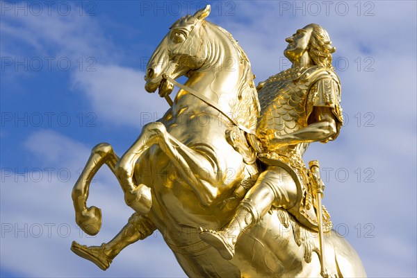 GERMANY, Saxony, Dresden, The 1734 gilded statue by Ludwig Wiedemann known as Goldener Reiter an equestrian statue of the Saxon Elector and Polish king August the Strong in Neustädter market square.