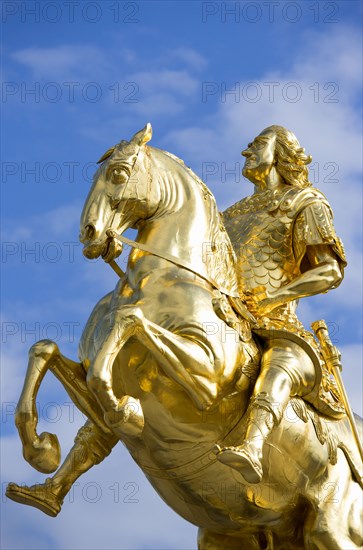 GERMANY, Saxony, Dresden, The 1734 gilded statue by Ludwig Wiedemann known as Goldener Reiter an equestrian statue of the Saxon Elector and Polish king August the Strong in Neustädter market square.