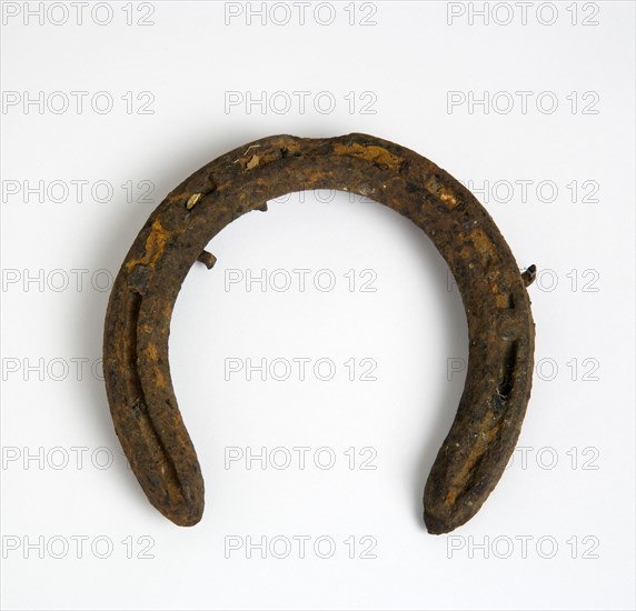 Animals, Mammals, Horses, Rusty old horsehoe on a white background.