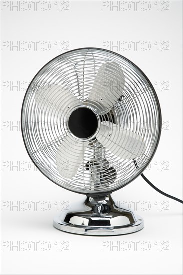 Weather, Environment, Control, Stainless Steel Retro desk or table electric cooling fan on a white background.