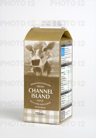 Drink, Milk,  Pasteurised, Full Cream dairy milk Carton Produced in England from the Channel Islands.