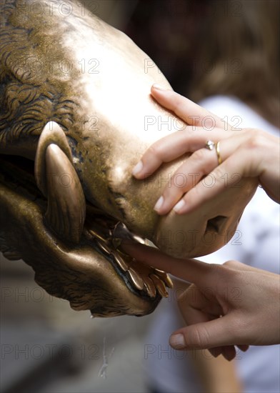 ITALY, Tuscany, Florence, The 17th century bronze fountain called Il Porcellino in the Mercato Nuovo also known as the Straw Market where the snout of the wild boar shines where people rub it under the superstition that if you do you will return to the city.