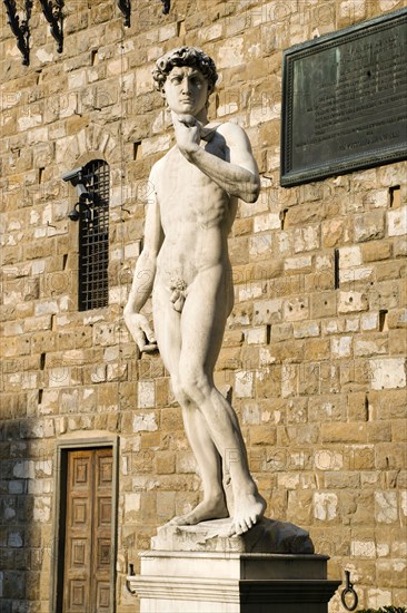 ITALY, Tuscany, Florence, Replica of Rennaisance statue of David by Michelangelo in the Piazza della Signoria beside the Palazzo Vecchio.