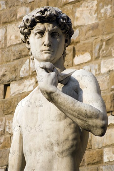 ITALY, Tuscany, Florence, Replica of Rennaisance statue of David by Michelangelo in the Piazza della Signoria beside the Palazzo Vecchio.