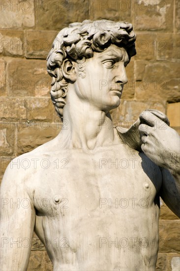 ITALY, Tuscany, Florence, Replica of Rennaisance statue of David by Michelangelo in the Piazza della Signoria beside the Palazzo Vecchio.