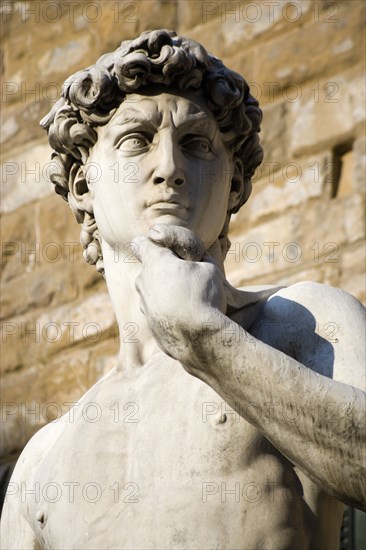ITALY, Tuscany, Florence, Replica of Rennaisance statue of David by Michelangelo in the Piazza della Signoria beside the Palazzo Vecchio.