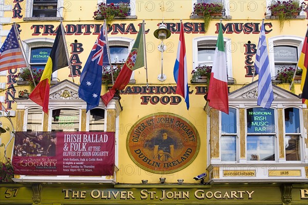 IRELAND, County Dublin, Dublin City, Temple Bar  Traditional Irish music pub  Façade with signage.