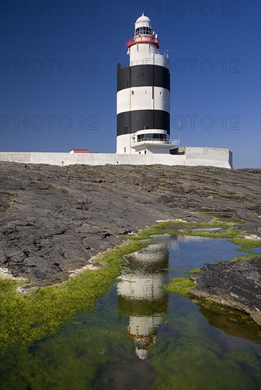 IRELAND, County Wexford, Hook Head Lighthouse, Lighthouse reflected in craggy pool.