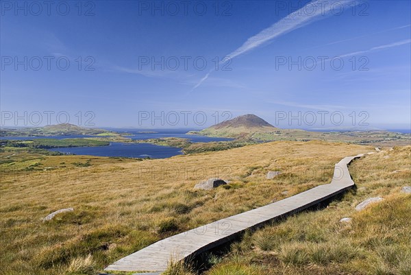 IRELAND, County Galway, Connemara, Diamond Hill, boardwalk protects hikers and environment  Ballynakill Harbour and Tully Mountain behind.