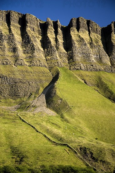 IRELAND, County Sligo, Ben Bulben Mountain, Close up of some of the mountains crevices.