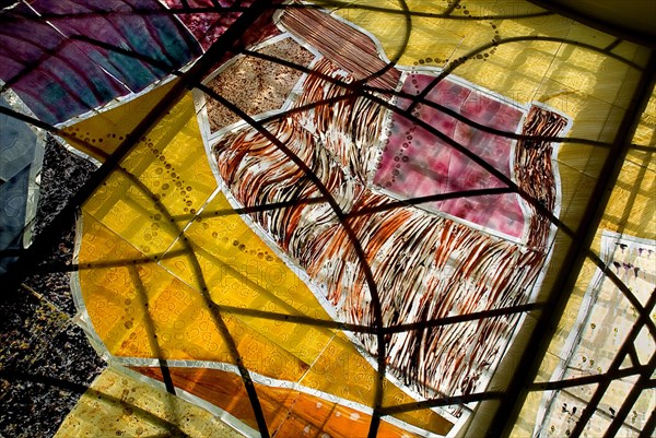 IRELAND, County Kerry, Dingle Peninsula, The Blasket Centre, Stained glass section representing the lives of the people who lived on the Blasket Islands.