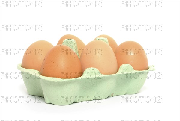 FOOD, Poultry, Eggs, 6 brown hens eggs in carton.