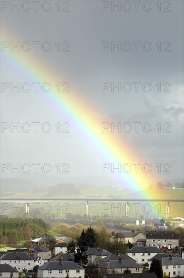 Scotland, Perth, Friarton road bridge over the river Tay with colourful rainbow.