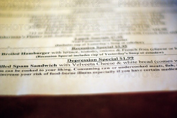 USA, New York, Montauk,The menu of the Shagwong Restaurant gives the Recession and Depression special.
