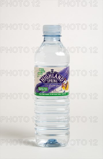 Drinks, Cold, Water, Plastic bottle of Highland Spring still mineral water against a white background.