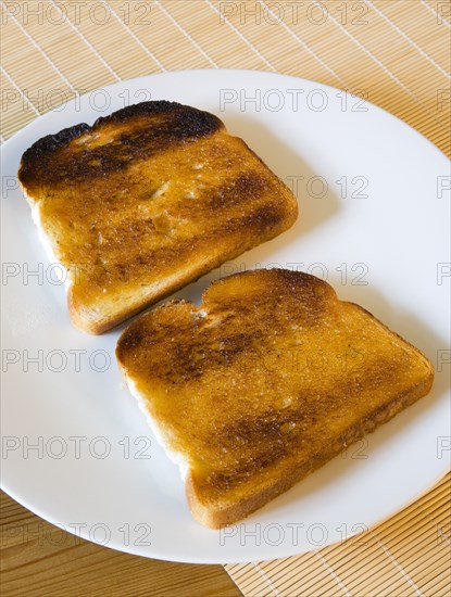 Food, Cooked, Bread, Table setting of two slices of buttered toast on a plate.