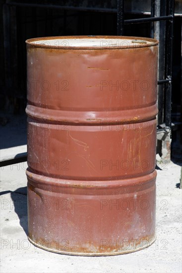 Industry, Oil, Storage, 500 litre oil drum in workshop.