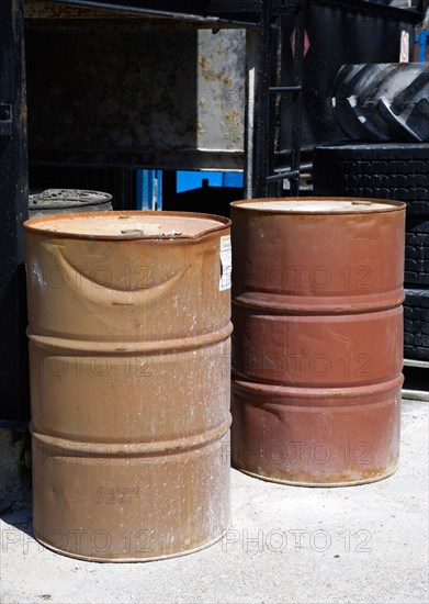 Industry, Oil, Storage, 500 litre oil dums in workshop.