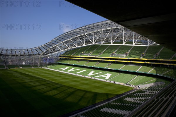 Ireland, County Dublin, Dublin City, Ballsbridge, Lansdowne Road, Aviva 50000 capacity all seater Football Stadium designed by Populus and Scott Tallon Walker. A concrete and steel structure with polycarbonate self cleaing glass exterior built at a cost of 41 million Euros. Home to the national Rugby and Soccer teams, aslo used as a concert venue.