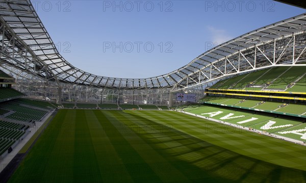 Ireland, County Dublin, Dublin City, Ballsbridge, Lansdowne Road, Aviva 50000 capacity all seater Football Stadium designed by Populus and Scott Tallon Walker which dips down at the north end as to not cast shadow on houses. A concrete and steel structure with polycarbonate self cleaing glass exterior built at a cost of 41 million Euros. Home to the national Rugby and Soccer teams, also used as a concert venue.