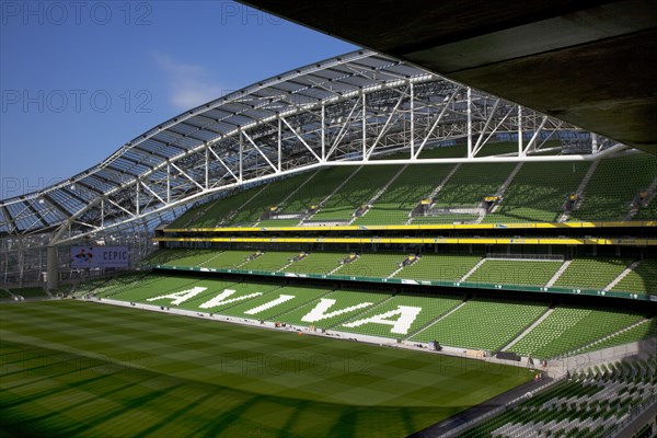 Ireland, County Dublin, Dublin City, Ballsbridge, Lansdowne Road, Aviva 50000 capacity all seater Football Stadium designed by Populus and Scott Tallon Walker. A concrete and steel structure with polycarbonate self cleaing glass exterior built at a cost of 41 million Euros. Home to the national Rugby and Soccer teams, aslo used as a concert venue.