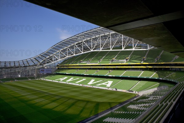 Ireland, County Dublin, Dublin City, Ballsbridge, Lansdowne Road, Aviva 50000 capacity all seater Football Stadium designed by Populus and Scott Tallon Walker. A concrete and steel structure with polycarbonate self cleaing glass exterior built at a cost of 41 million Euros. Home to the national Rugby and Soccer teams, aslo used as a concert venue.