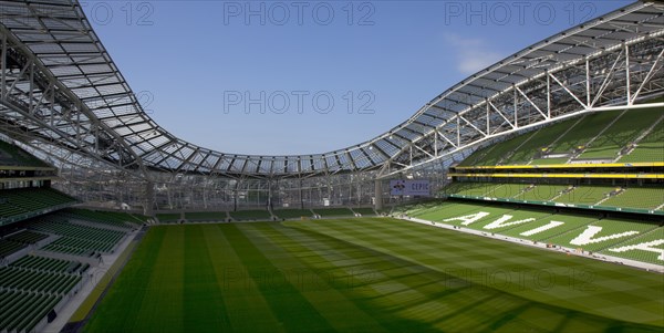 Ireland, County Dublin, Dublin City, Ballsbridge, Lansdowne Road, Aviva 50000 capacity all seater Football Stadium designed by Populus and Scott Tallon Walker which dips down at the north end as to not cast shadow on houses. A concrete and steel structure with polycarbonate self cleaing glass exterior built at a cost of 41 million Euros. Home to the national Rugby and Soccer teams, aslo used as a concert venue.
