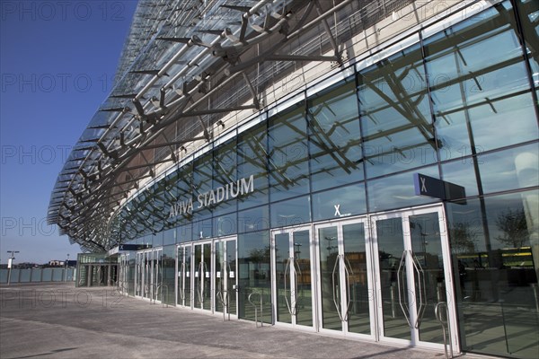 Ireland, County Dublin, Dublin City, Ballsbridge, Lansdowne Road, Aviva 50000 capacity all seater Football Stadium designed by Populus and Scott Tallon Walker. A concrete and steel structure with polycarbonate self cleaing glass exterior built at a cost of 41 million Euros. Home to the national Rugby and Soccer teams, aslo used as a concert venue.