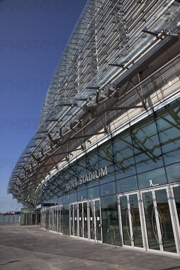 Ireland, County Dublin, Dublin City, Ballsbridge, Lansdowne Road, Aviva 50000 capacity all seater Football Stadium designed by Populus and Scott Tallon Walker. A concrete and steel structure with polycarbonate self cleaing glass exterior built at a cost of 41 million Euros. Home to the national Rugby and Soccer teams, aslo used as a concert venue.