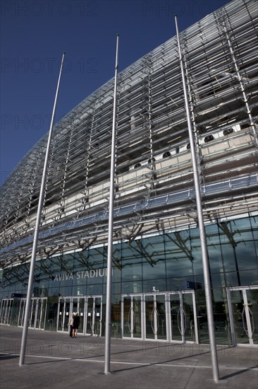 Ireland, County Dublin, Dublin City, Ballsbridge, Lansdowne Road, Aviva 50000 capacity all seater Football Stadium designed by Populus and Scott Tallon Walker. A concrete and steel structure with polycarbonate self cleaing glass exterior built at a cost of 41 million Euros. Home to the national Rugby and Soccer teams, aslo used as a concert venue.