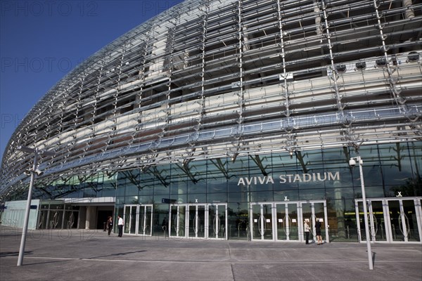 Ireland, County Dublin, Dublin City, Ballsbridge, Lansdowne Road, Aviva 50000 capacity all seater Football Stadium designed by Populus and Scott Tallon Walker. A concrete and steel structure with polycarbonate self cleaing glass exterior built at a cost of 41 million Euros. Home to the national Rugby and Soccer teams, aslo used as a concert venue.