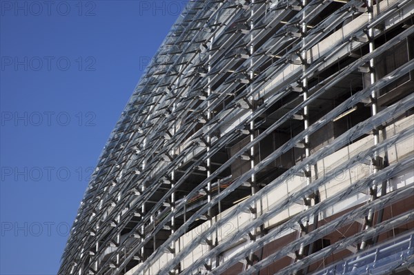 Ireland, County Dublin, Dublin City, Ballsbridge, Lansdowne Road, Aviva 50000 capacity all seater Football Stadium designed by Populus and Scott Tallon Walker. A concrete and steel structure with polycarbonate self cleaing glass exterior built at a cost of 41 million Euros. Home to the national Rugby and Soccer teams, aslo used as a concert venue.