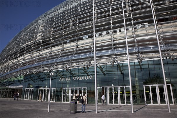 Ireland, County Dublin, Dublin City, Ballsbridge, Lansdowne Road, Aviva 50000 capacity all seater Football Stadium designed by Populus and Scott Tallon Walker. A concrete and steel structure with polycarbonate self cleaing glass exterior built at a cost of 41 million Euros. Home to the national Rugby and Soccer teams, aslo used as a concert venue.