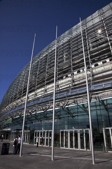 Ireland, County Dublin, Dublin City, Ballsbridge, Lansdowne Road, Aviva 50000 capacity all seater Football Stadium designed by Populus and Scott Tallon Walker. A concrete and steel structure with polycarbonate self cleaing glass exterior built at a cost of 41 million Euros. Home to the national Rugby and Soccer teams, aslo used as a concert venue.