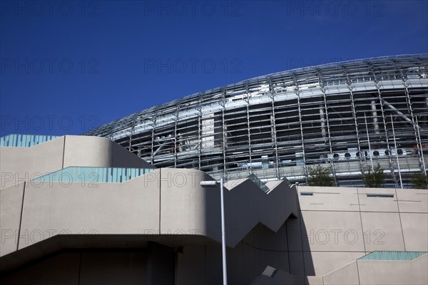 Ireland, County Dublin, Dublin City, Ballsbridge, Lansdowne Road, Aviva 50000 capacity all seater Football Stadium designed by Populus and Scott Tallon Walker. A concrete and steel structure with polycarbonate self cleaing glass exterior built at a cost of 41 million Euros. Home to the national Rugby and Soccer teams, aslo used as a concert venue.