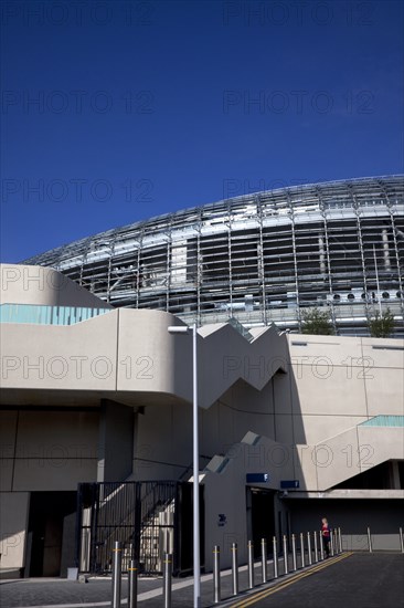 Ireland, County Dublin, Dublin City, Ballsbridge, Lansdowne Road, Aviva 50000 capacity all seater Football Stadium designed by Populus and Scott Tallon Walker. A concrete and steel structure with polycarbonate self cleaing glass exterior built at a cost of 41 million Euros. Home to the national Rugby and Soccer teams, aslo used as a concert venue.