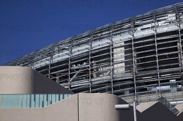 Ireland, County Dublin, Dublin City, Ballsbridge, Lansdowne Road, Aviva 50000 capacity all seater Football Stadium designed by Populus and Scott Tallon Walker. A concrete and steel structure with polycarbonate self cleaing glass exterior built at a cost of 41 million Euros. Home to the national Rugby and Soccer teams, aslo used as a concert venue.