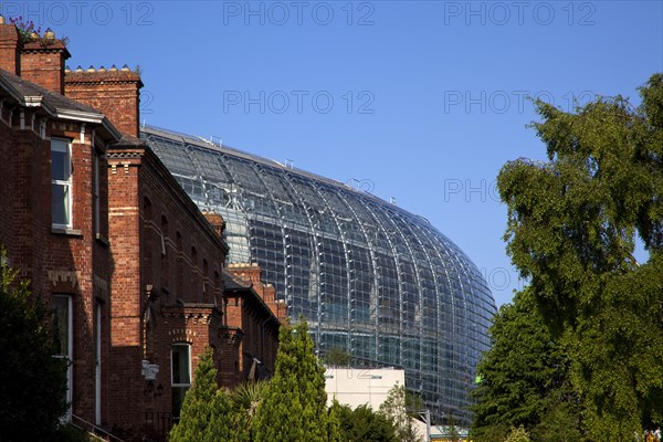 Ireland, County Dublin, Dublin City, Ballsbridge, Lansdowne Road, Aviva 50000 capacity all seater Football Stadium designed by Populus and Scott Tallon Walker. A concrete and steel structure with polycarbonate self cleaing glass exterior built at a cost of 41 million Euros. Home to the national Rugby and Soccer teams, aslo used as a concert venue.