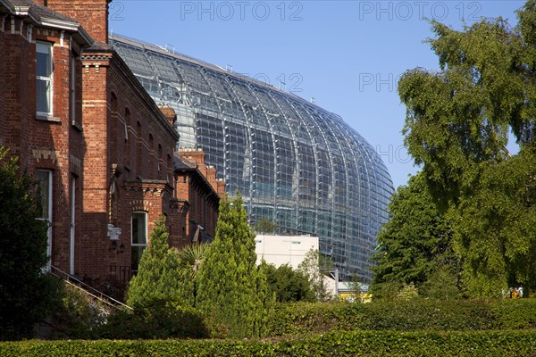 Ireland, County Dublin, Dublin City, Ballsbridge, Lansdowne Road, Aviva 50000 capacity all seater Football Stadium designed by Populus and Scott Tallon Walker. A concrete and steel structure with polycarbonate self cleaing glass exterior built at a cost of 41 million Euros. Home to the national Rugby and Soccer teams, aslo used as a concert venue.