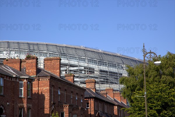Ireland, County Dublin, Dublin City, Ballsbridge, Lansdowne Road, Aviva 50000 capacity all seater Football Stadium designed by Populus and Scott Tallon Walker. A concrete and steel structure with polycarbonate self cleaing glass exterior built at a cost of 41 million Euros. Home to the national Rugby and Soccer teams, aslo used as a concert venue.