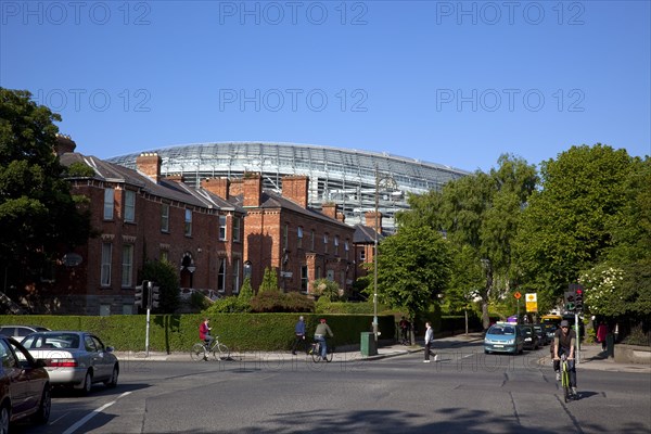 Ireland, County Dublin, Dublin City, Ballsbridge, Lansdowne Road, Aviva 50000 capacity all seater Football Stadium designed by Populus and Scott Tallon Walker. A concrete and steel structure with polycarbonate self cleaing glass exterior built at a cost of 41 million Euros. Home to the national Rugby and Soccer teams, aslo used as a concert venue.