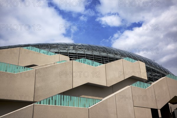 Ireland, County Dublin, Dublin City, Ballsbridge, Lansdowne Road, Aviva 50000 capacity all seater Football Stadium designed by Populus and Scott Tallon Walker. A concrete and steel structure with polycarbonate self cleaing glass exterior built at a cost of 41 million Euros. Home to the national Rugby and Soccer teams, aslo used as a concert venue.