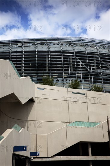 Ireland, County Dublin, Dublin City, Ballsbridge, Lansdowne Road, Aviva 50000 capacity all seater Football Stadium designed by Populus and Scott Tallon Walker. A concrete and steel structure with polycarbonate self cleaing glass exterior built at a cost of 41 million Euros. Home to the national Rugby and Soccer teams, aslo used as a concert venue.