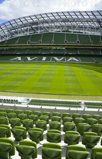 Ireland, County Dublin, Dublin City, Ballsbridge, Lansdowne Road, Aviva 50000 capacity all seater Football Stadium designed by Populus and Scott Tallon Walker. A concrete and steel structure with polycarbonate self cleaing glass exterior built at a cost of 41 million Euros. Home to the national Rugby and Soccer teams, aslo used as a concert venue.