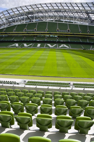 Ireland, County Dublin, Dublin City, Ballsbridge, Lansdowne Road, Aviva 50000 capacity all seater Football Stadium designed by Populus and Scott Tallon Walker. A concrete and steel structure with polycarbonate self cleaing glass exterior built at a cost of 41 million Euros. Home to the national Rugby and Soccer teams, aslo used as a concert venue.